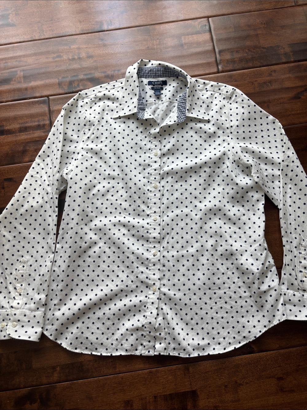 Chaps Men's White Shirt with Navy Polka Dots